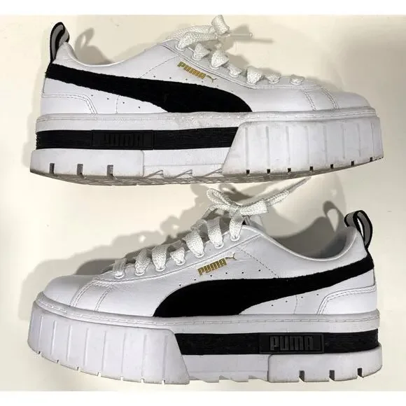 PUMA Mayze Leather Platform White Sneakers Retro Streetwear Size W7.5 - Picture 4 of 8